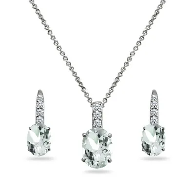 Oval-Cut Light Aquamarine 925 Silver Pendant Necklace & Leverback Earrings Set • $36.36