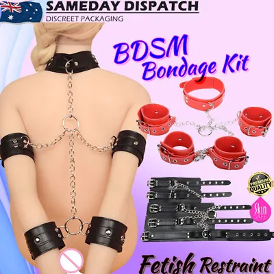 BDSM Back Restraint Handcuffs Wrist Arm Cuffs Collar Fetish Bondage Kit Sex Toy • $28.95