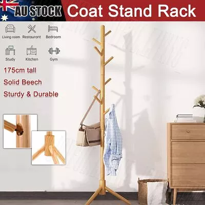 $24.59 • Buy 8 Hook Solid Wooden Coat Stand Rack Clothes Hanger Hat Tree Jacket Bag Umbrella