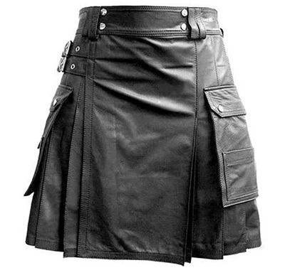 $87.99 • Buy Men Black Leather Gladiator Pleated Utility Kilt FLAT FRONT TWIN CARGO POCKETS
