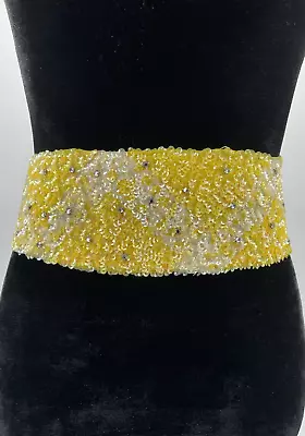 Vintage La Mendola Mod Art Rhinestone Hand Beaded Yellow Pure Silk Chiffon Belt • $149.99