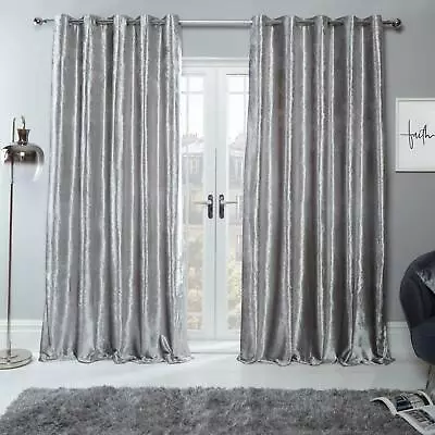 Sienna Crushed Velvet Pair Of Fully Lined Ring Top Eyelet Curtains Silver Grey • £22.99