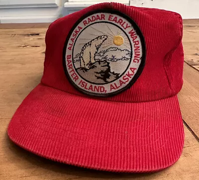 Vtg Barter Island Alaska Radar Early Warning Military Corduroy SnapBack Hat Red • $29