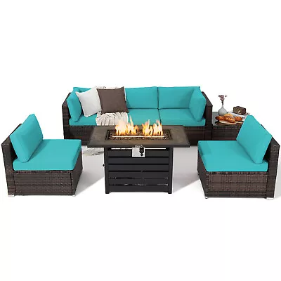 7PCS Patio Rattan Furniture Set 42  Fire Pit Table W/Cover Cushioned Turquoise • $799.95