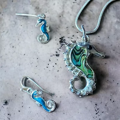 Abalone Shell Seahorse Pendant Necklace Enamel Earring Set Silver Tone • $9