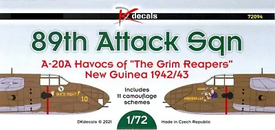 DK Decals 1/72 89th ATTACK SQUADRON A-20A HAVOCS  GRIM REAPERS  On New Guinea • $17.99