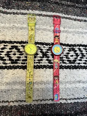 Flik Flak Made By Swatch Kids Canvas Band  Learning Retro Vintage Watch ✨💚🩷 • £25