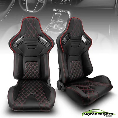 Reclinable Black PVC Main Suede And Red Line Left/Right Racing Seats W/Slider • $299.98