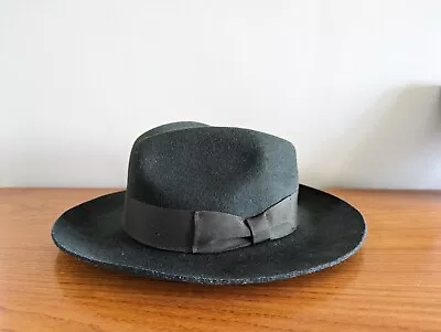 GLADWIN BOND Stiff Brim 100% Wool Fedora Trilby Hat Wide Band Medium Green 56cm • £29.99