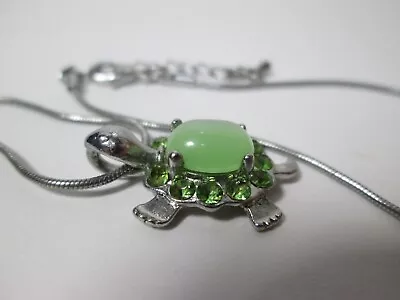 Glass Green Turtle Pendant Necklace Silver Tone Jewelry Hangs 10  • $3.99