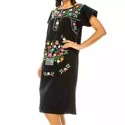 Unik Embroidered Black And Rainbow Floral Traditional Mexican Midi Dress Size XL • $19.80