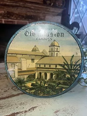 Vintage Round Tin Old Mission Candies Santa Barbara Capestrano  2 X 10  • $10.99