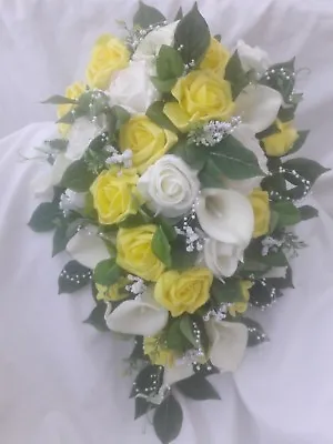 Wedding Bouquet Yellow Rose Calla Pearl Bride Bridesmaid Flowergirl Buttonholes  • £2.25