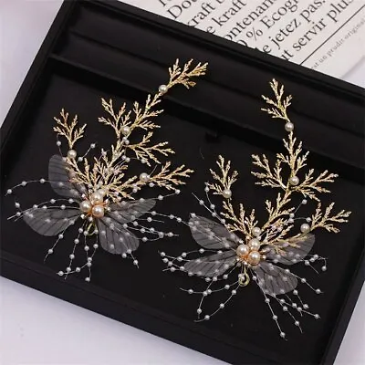 £17.36 • Buy Crystal Pearl Butterfly Hair Pin Bride Leaf Hair Sticks Rhinestone Veil Tiara