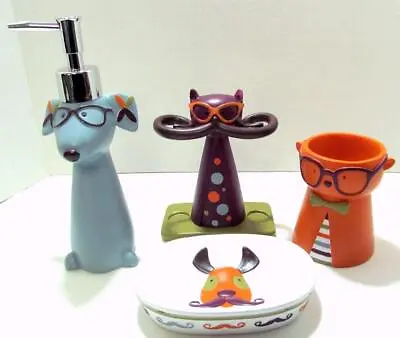 Designer Novelty Bath 4 Piece Accessory Set HIPSTER PAWS Dogs Cats Mustaches NEW • £96.37