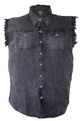 Mens Acid Washed Charcoal Colored Denim Sleeveless Cutoff Biker Shirt • £28.69