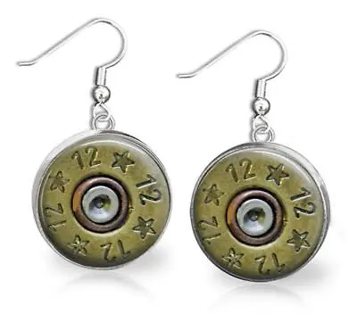 12 Gauge Bullet Spent Shell Image Glass Top Dangle Earrings In 2 Sizes Handmade • $11.95