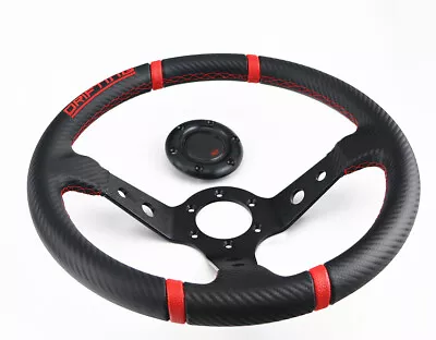 Deep Dish Blk 350mm 6 Hole Leather & Red Stitch Racing Steering Wheel & Horn  • $39.99