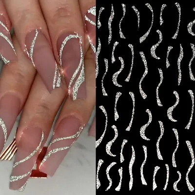 £1.19 • Buy 3D Nail Stickers Reflective Glitter Gold Silver Line French Tips Nail Art Decals