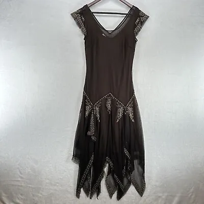 Vintage ICE Dress Womens 6 Brown Beaded Mesh Overlay Fairy Prom Woodlands • $90