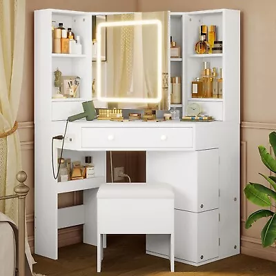 Makeup Vanity Desk Corner Vanity Desk W/Rotating Shelves & Storage Stool White • $249.89