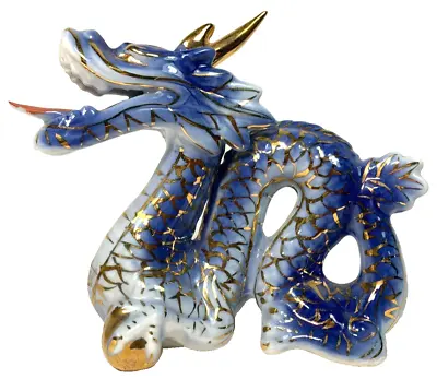 Dragon Figurine Statue Blue White Gold Three Toe Holding Hoju Year Of The Dragon • $19.95