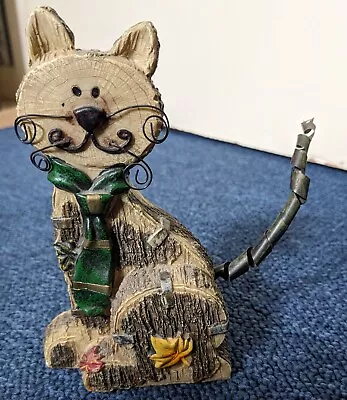 Quirky Wooden Cat Ornament. Metal Embellishments. 15cm High. Base 5.5cm Across • £3.85