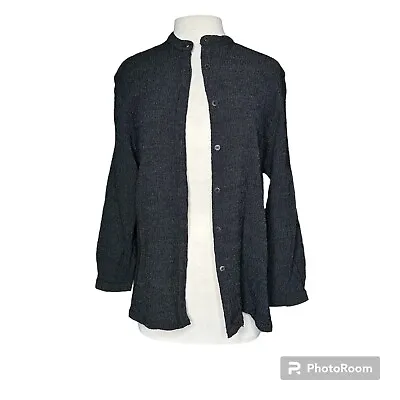 Eileen Fisher Wool Blend Button Up Mandarin Collar Shirt Black Textured  • $30.59