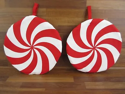 2 Peppermint Pot Holders Red White Candy Stripe Round 8in Winter Kitchen NEW X2 • $19.95