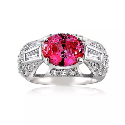 925 Silver Lab Created Pink Sapphire & CZ Baguette And Pave Filigree Ring • $24.99