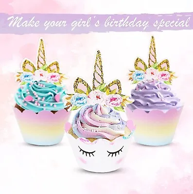 $9.99 • Buy 24pcs Unicorn Cupcake Toppers Wrappers Party Supplies Girls Birthday Decoration
