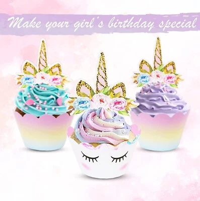 $9.99 • Buy 24pcs Unicorn Cupcake Toppers Wrappers Party Supplies Girls Birthday Decoration