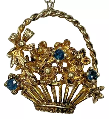 Vintage FM 82 Sterling 925 Gold Vermeil Flower Basket Blue CZ Pendant Necklace • $39.95