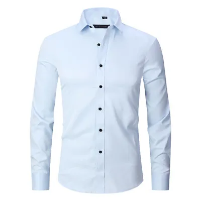 Mens Shirts Wrinkle Free Stretch Shirt Casual Formal Button Up Shirts Plus Size • £12.88