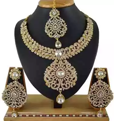 Indian Traditional Wedding & Party Jewelry Gold Plated Rhinestone Necklace Set • $43.99