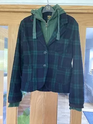 Superdry Jacket /blazer Ladies Fitted Wool Green Tartan Detachable Hood Size M • £18
