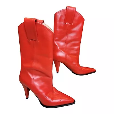 RE $1200 NINA RICCI FIRE ENGINE RED Leather  Sz 8 Heel Cowboy Boots Shoes Sz 38 • $170.10