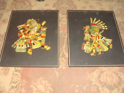 Pair Of Vintage Framed Mayan Aztec Design Dyed Straw Artwork - Ron Christina • $75