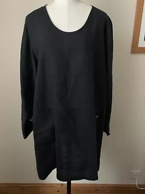 Kasbah Linen Tunic Top Dress Lagenlook Slouchy Relaxed Black Arty Boho 16/18 • £35