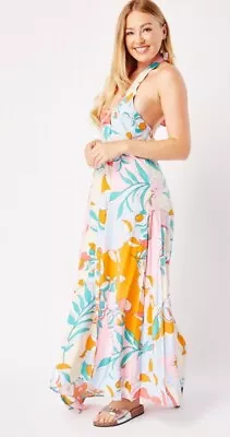 BNWT Hot Fashion Vibrant 70s  Retro Print Halterneck Maxi Dress Hols S 8-10 • £5.99