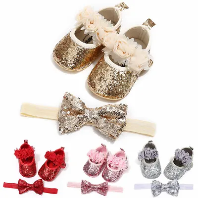 Newborn Baby Girl Pram Shoes Infant Paillette Mary Janes Princess Dress Shoes • £4.99
