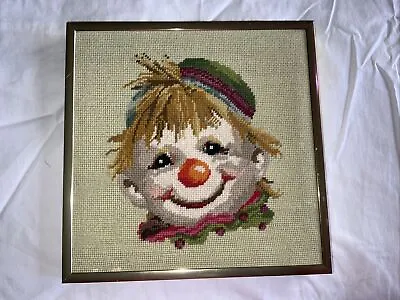 Vintage Needlepoint Completed Framed Clown Face Bright  Colors - A Few Flaws • $24.99