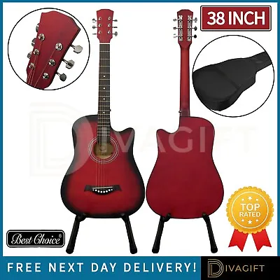 38 Inch Adult Size Red Acoustic Guitar Cutaway Hardwood Finish Steel Strings New • £29.99