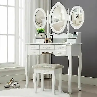 Vanity Table Set W/ 3-Mirror Woman Makeup Dressing Table 7 Drawers With Stool • $139.99