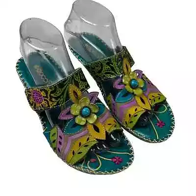 Socofy Womens US 7 EU 38 Sandal Leather Forest Turquoise Art To Wear Bohemian  • $39.99