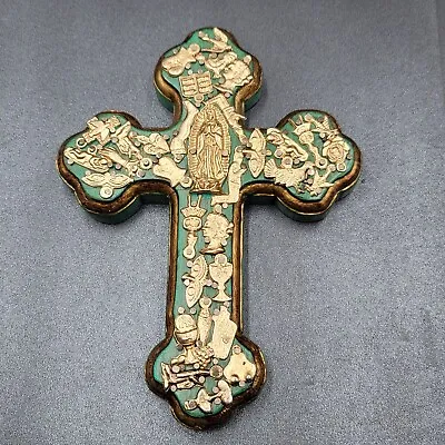 Vintage Mexican Milagros Cross Handmade Wood Metal Charms Green Gold 7.75  • $75
