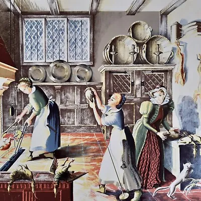 £39.59 • Buy Vintage Print Busy Cooks Lithograph Poster 1950s Tudor Kitchen