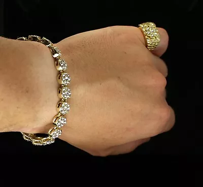 Mens 2 Pc Cluster Cz Bracelet Ring Set 14k Gold Plated Iced Hip Hop Fashion • $15.99