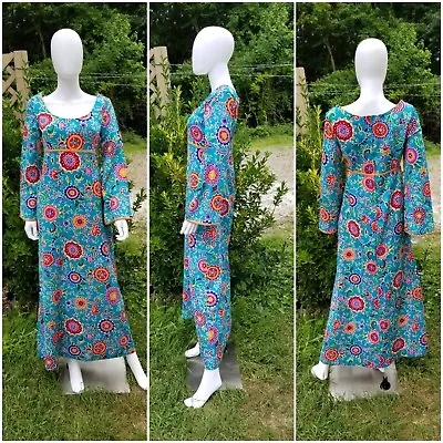 Vintage 1960-70s Concept Swirl Bright Floral Long Hippie Maxi Gown Dress S • $74.10