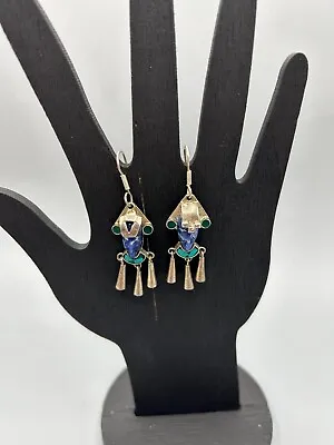 TAXCO 70s Mexico STERLING Carved Lapis FACE Dangle Drop Earrings • $105